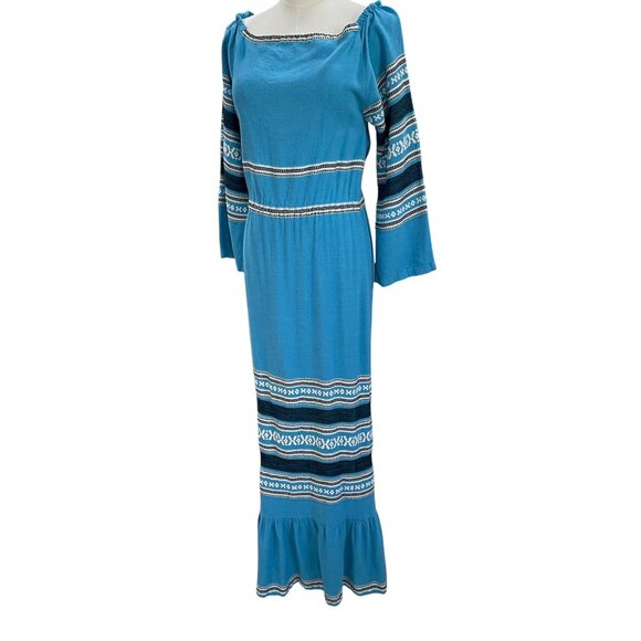 Greek Bohemian Cottagecore Blue Maxi Dress Ethnic Embroidered Prairie Festival - Picture 5 of 14